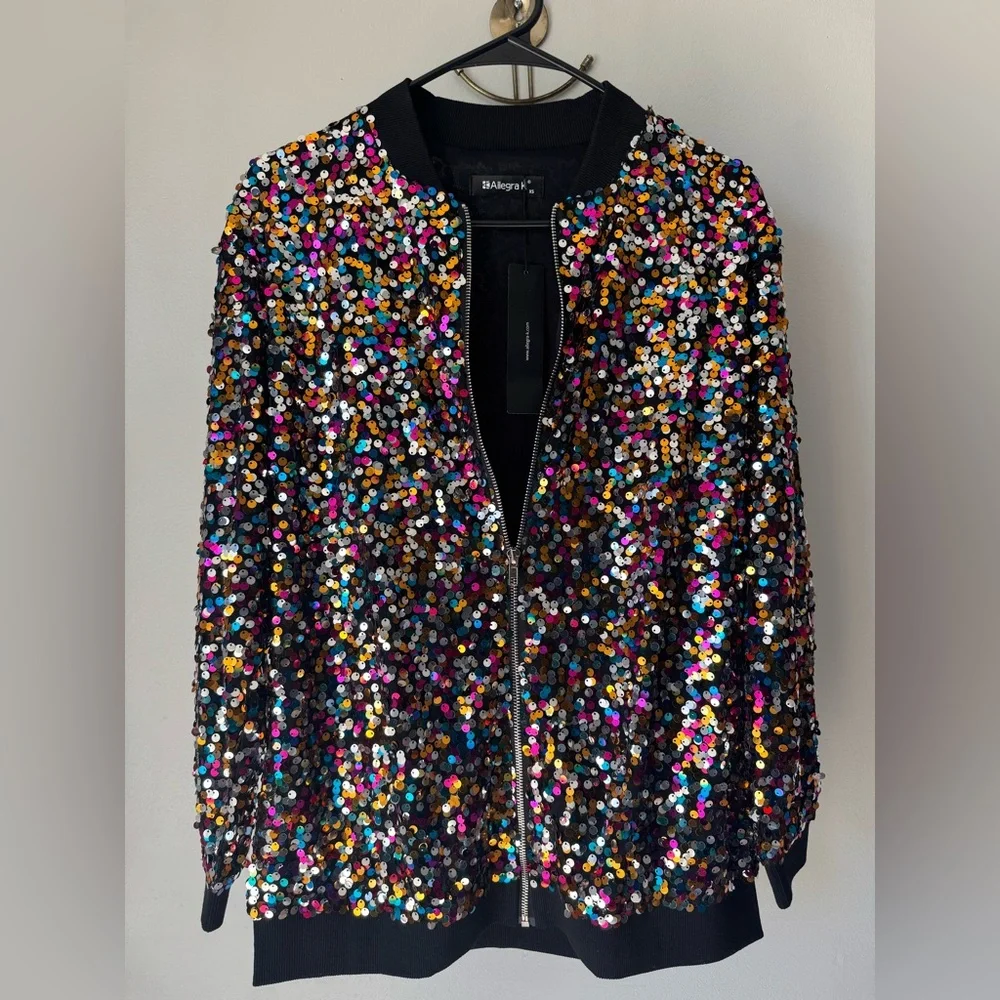 Allegra K Black Bomber Jacket Multicolor Sequins Front Zipper Closure Size XS